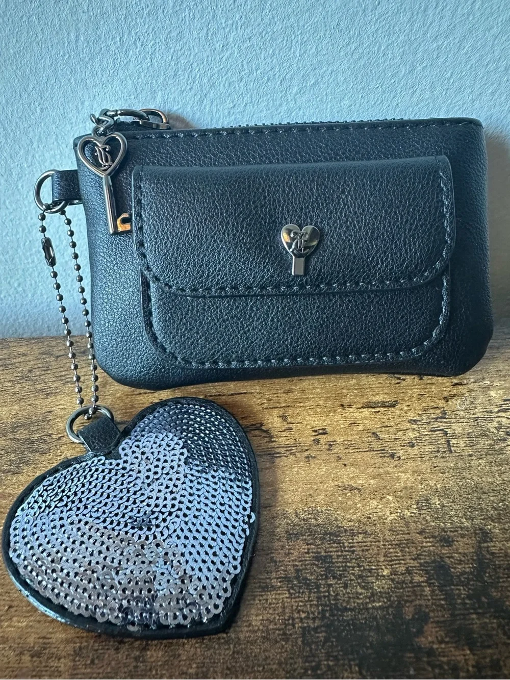 Juicy Couture Black Zip Card Wallet Keychain Bag Charm w/ Sequin Heart NWOT